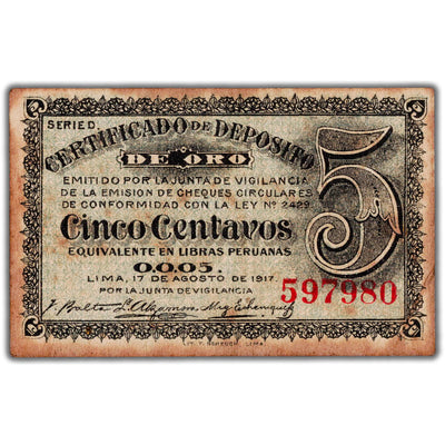 Peru 1917 5 Five Centavos Note Gold Deposit Certificate P#29 - Fine