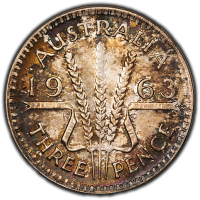 Australia 1963 3 Three Pence Silver Coin - BU Toned