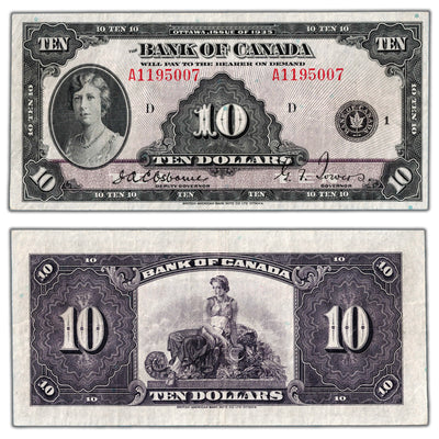 SOLD $10 1935 Bank of Canada Note English Text BC-7 - VF/EF (small pinholes)