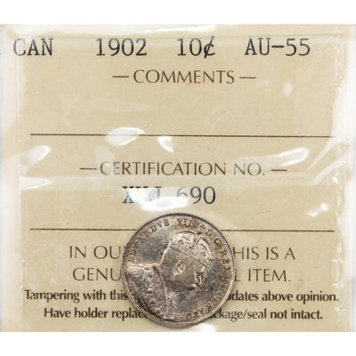 Canada 1902 10 Cents Dime Silver Coin - ICCS AU-55