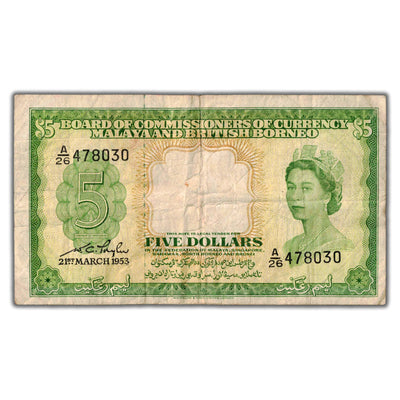 Malaya & British Borneo 1953 $5 Five Dollars Note P #2a