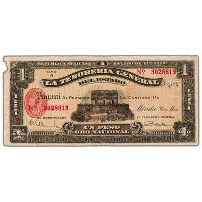 Mexico La Tesoreria General Del Estado 1916 1 One Peso Note - Damaged/Missing Piece