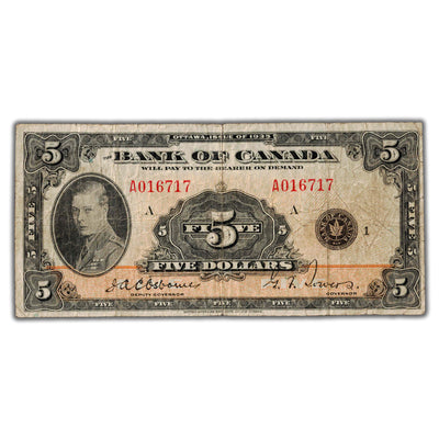 SOLD $5 1935 Bank of Canada Note English Text BC-5 - Fine