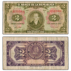 Colombia 1947 2 Two Pesos Note P #390b - Circulated