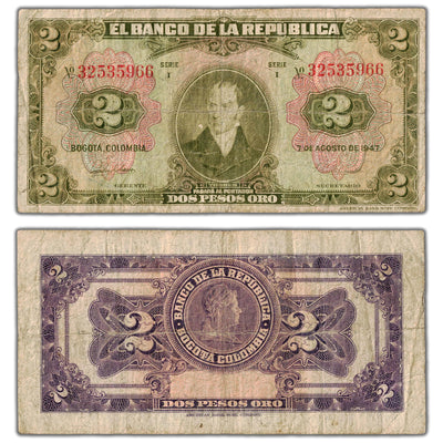 Colombia 1947 2 Two Pesos Note P #390b - Circulated