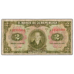 Colombia 1947 2 Two Pesos Note P #390b - Circulated