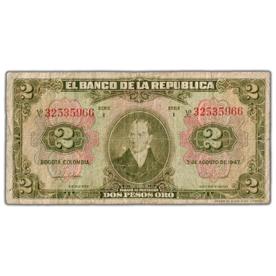 Colombia 1947 2 Two Pesos Note P #390b - Circulated