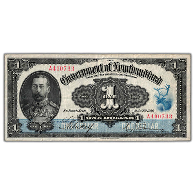 SOLD $1 1920 Government of Newfoundland Note Hickey-Brownrigg NF-12b - Nice VF