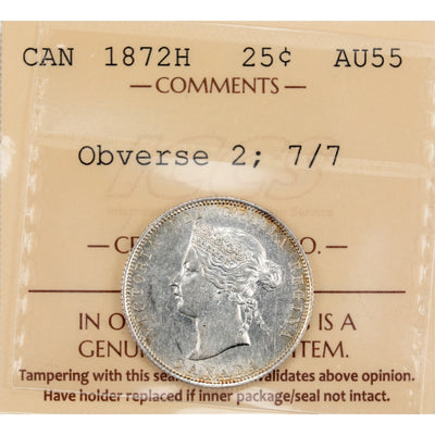 Canada 1872-H Obverse 2 7/7 25 Cents Quarter Silver Coin - ICCS AU-55