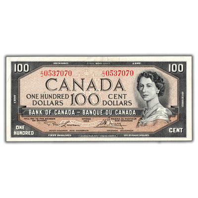 SOLD $100 1954 Bank of Canada Note Lawson-Bouey C/J Prefix BC-43c - Circulated