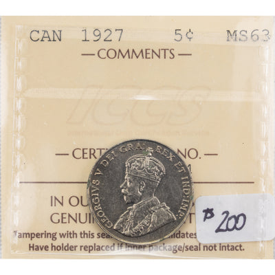 SOLD Canada 1927 5 Cents Nickel Coin - ICCS MS-63