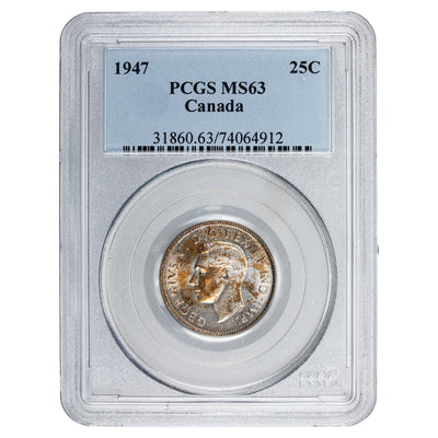 Canada 1947 25 Cents Quarter Silver Coin - PCGS MS-63