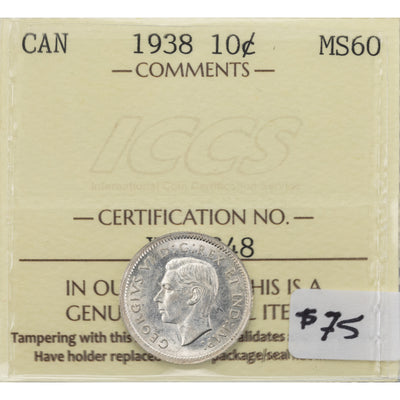 Canada 1938 10 Cents Dime Silver Coin - ICCS MS-60
