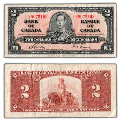 $2 1937 Bank of Canada Note Gordon-Towers U/B Prefix BC-22b - F/VF