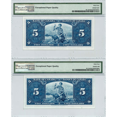 $5 1937 Bank of Canada Notes E/S Prefix BC-23c - 2 Consecutive PMG Ch UNC-64 EPQ