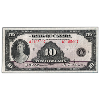 SOLD $10 1935 Bank of Canada Note English Text BC-7 - VF/EF (small pinholes)