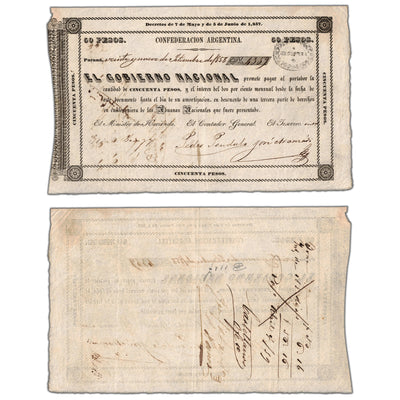 SOLD Argentina Confederacion 1857 (1859) 50 Pesos Note - Circulated
