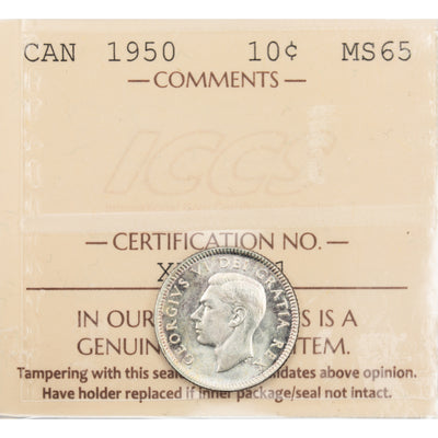 Canada 1950 10 Cents Dime Silver Coin - ICCS MS-65