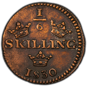 SOLD Sweden 1830 Reeded 1/6 Skilling Coin - Cleaned