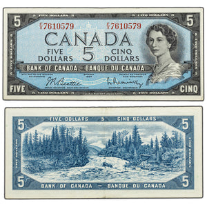 SOLD $5 1954 Bank of Canada Note Beattie-Rasminsky F/X Prefix BC-39b - About EF