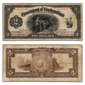 SOLD $2 1920 Government of Newfoundland Note Hickey-Brownrigg NF-13b