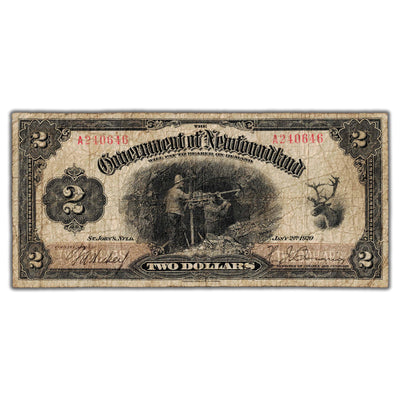 SOLD $2 1920 Government of Newfoundland Note Hickey-Brownrigg NF-13b