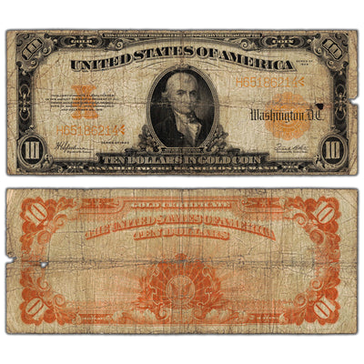 SOLD United States 1922 $10 Gold Certificate Note - Damaged (missing small pieces)