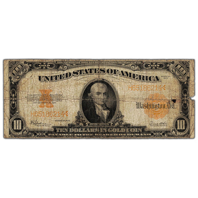 SOLD United States 1922 $10 Gold Certificate Note - Damaged (missing small pieces)