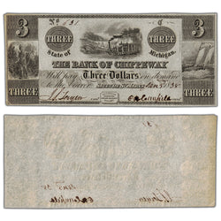 United States The Bank of Chippeway 1838 $3 Note - Missing Small Corner Bit