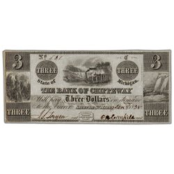 United States The Bank of Chippeway 1838 $3 Note - Missing Small Corner Bit