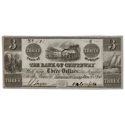 United States The Bank of Chippeway 1838 $3 Note - Missing Small Corner Bit