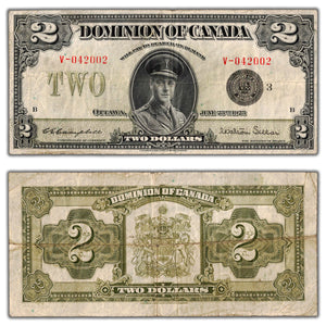 SOLD $2 1923 Dominion of Canada Note Campbell-Sellar Black Seal DC-26j - F/VF