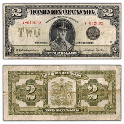 SOLD $2 1923 Dominion of Canada Note Campbell-Sellar Black Seal DC-26j - F/VF