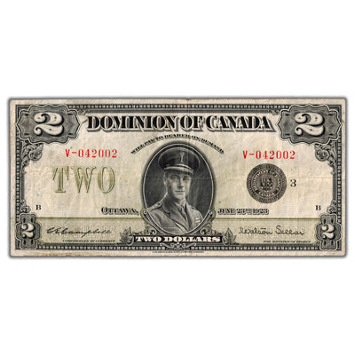 SOLD $2 1923 Dominion of Canada Note Campbell-Sellar Black Seal DC-26j - F/VF