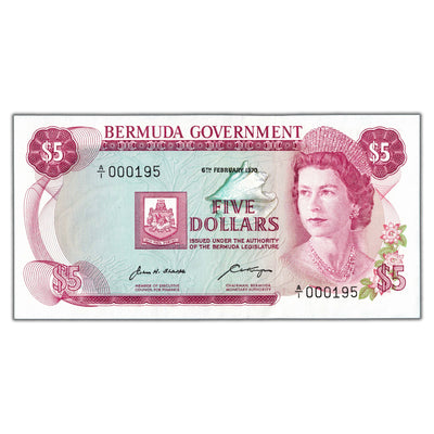 SOLD Bermuda 1970 $5 Five Dollars Note P #24 - Low Serial #195 - Uncirculated