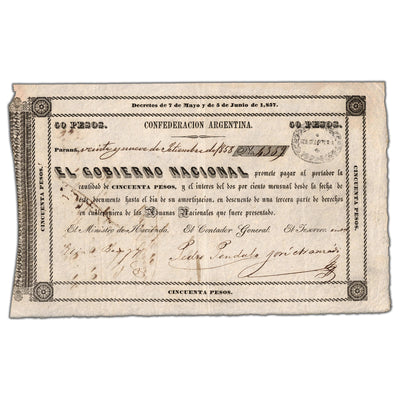 SOLD Argentina Confederacion 1857 (1859) 50 Pesos Note - Circulated