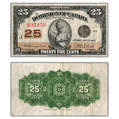 25 Cents 1923 Dominion of Canada Shinplaster Note DC-24d - F/VF (small pinhole)