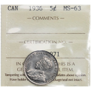 Canada 1936 5 Cents Nickel Coin - ICCS MS-63