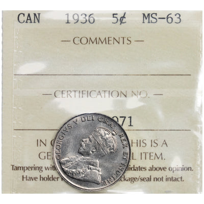 Canada 1936 5 Cents Nickel Coin - ICCS MS-63