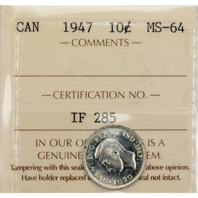 Canada 1947 10 Cents Dime Silver Coin - ICCS MS-64