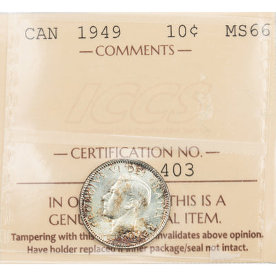 Canada 1949 10 Cents Dime Silver Coin - ICCS MS-66