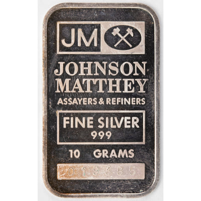 SOLD Johnson Matthey JM 10 Gram .999 Silver Bar - RARE Blank Back Raised Border