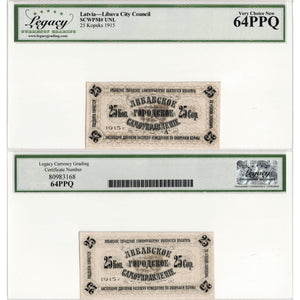 Latvia Libava City Council 1915 25 Kopeks Note - Legacy Ch UNC-64 PPQ