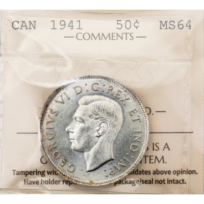 SOLD Canada 1941 50 Cents Half Dollar Silver Coin - ICCS MS-64