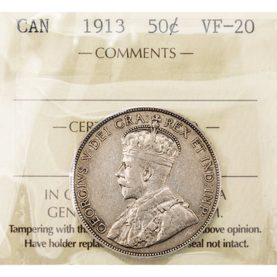 SOLD Canada 1913 50 Cents Half Dollar Silver Coin - ICCS VF-20