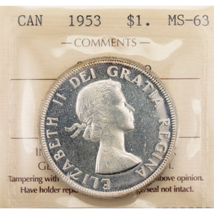 SOLD Canada 1953 Shoulder Fold $1 Silver Dollar Coin - ICCS MS-63 Cameo