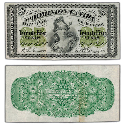 25 Cents 1870 Dominion of Canada Shinplaster Note Plain DC-1c - VF/EF