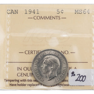 SOLD Canada 1941 5 Cents Nickel Coin - ICCS MS-64