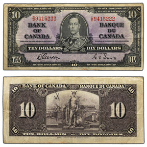 SOLD $10 1937 Bank of Canada Note Gordon-Towers D/D Prefix BC-24b - VF (writing)