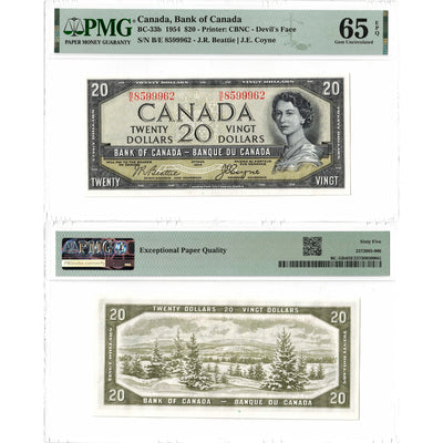 SOLD $20 1954 Bank of Canada Note Devil Face B/E Changeover Prefix BC-33b - PMG Gem UNC-65 EPQ
